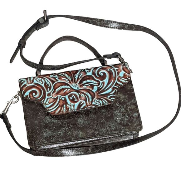Patricia Nash tooled turquoise brown leather crossbody Porcili texture filigree - Picture 8 of 10
